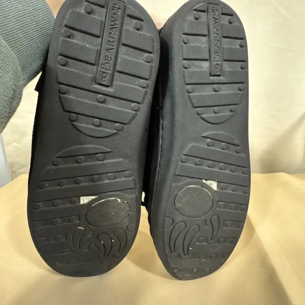 BEARPAW Mens 8 Black Suede Moccasin Slippers Fur Lined Tie Indoor Outdoor